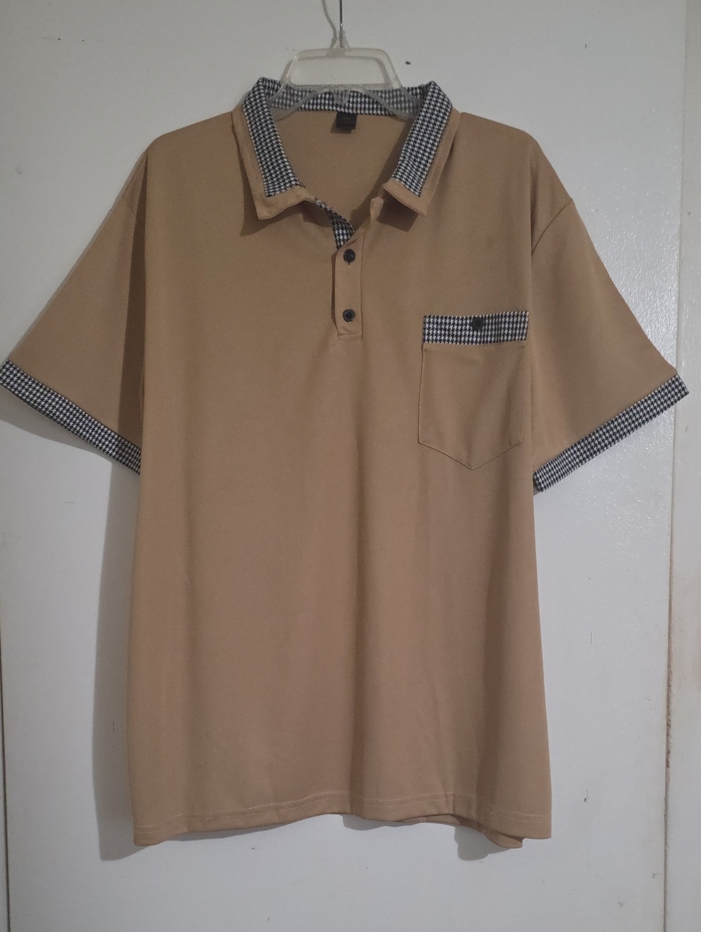Men's Tan Polo Shirt with Check Trim